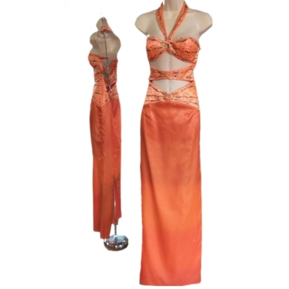 Excite Dresses & Skirts - Excite Dress Vintage Cut Out Sequined Halter Neck Orange Size 8